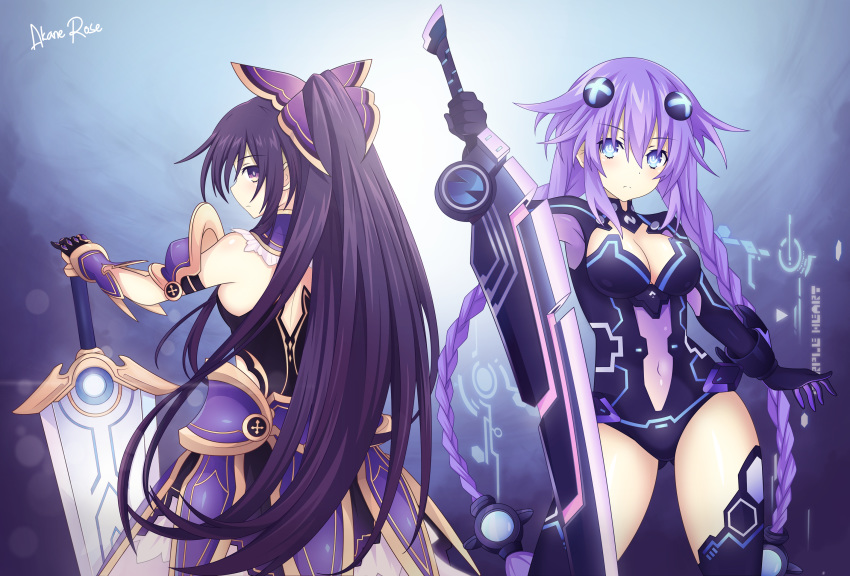 2girls akane_rose blue_eyes braid breasts creator_connection crossover date_a_live highres holding holding_sword holding_weapon long_hair looking_at_viewer medium_breasts multiple_girls neptune_(series) purple_hair purple_heart ribbon sword twin_braids twintails very_long_hair violet_eyes weapon yatogami_tooka