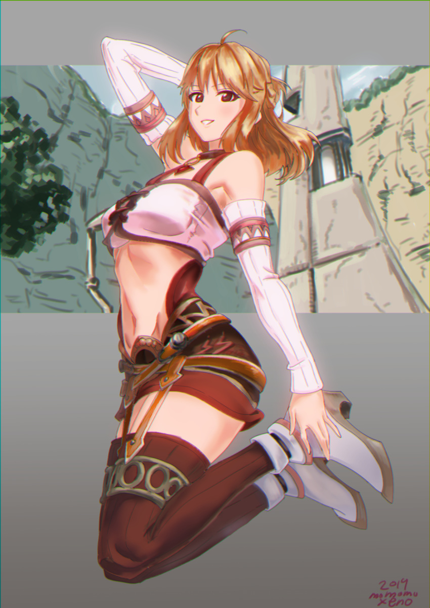1girl blonde_hair breasts detached_sleeves fiorun from_below garter_straps grey_background hand_behind_head highres jumping long_hair looking_at_viewer medium_breasts miniskirt momomoxeno navel outdoors signature skirt smile solo thigh-highs xenoblade_(series) xenoblade_1