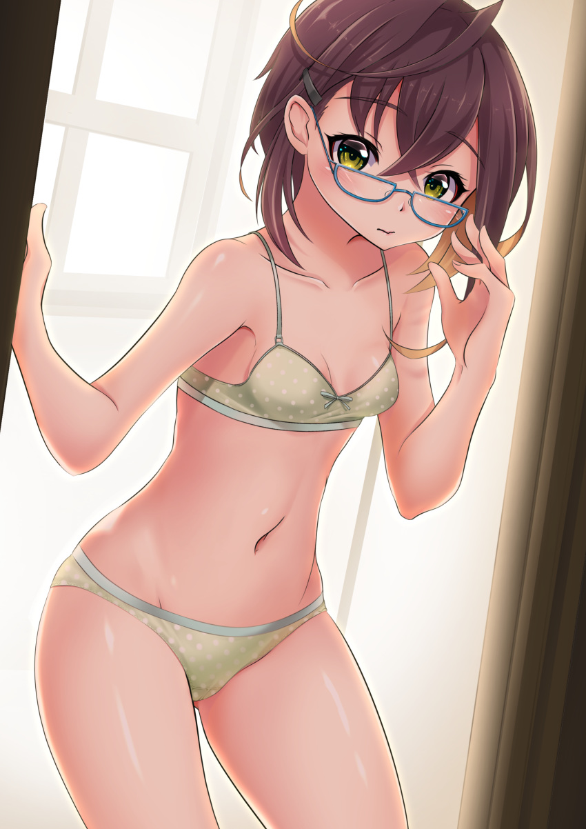 1girl absurdres black_hair blue-framed_eyewear bra breasts collarbone commentary_request contrapposto cowboy_shot curtains glasses green_bra green_eyes green_panties highres kantai_collection long_sleeves looking_at_viewer makura_(user_jpmm5733) multicolored_hair okinami_(kantai_collection) panties pink_hair polka_dot polka_dot_bra polka_dot_panties short_hair small_breasts solo underwear underwear_only window