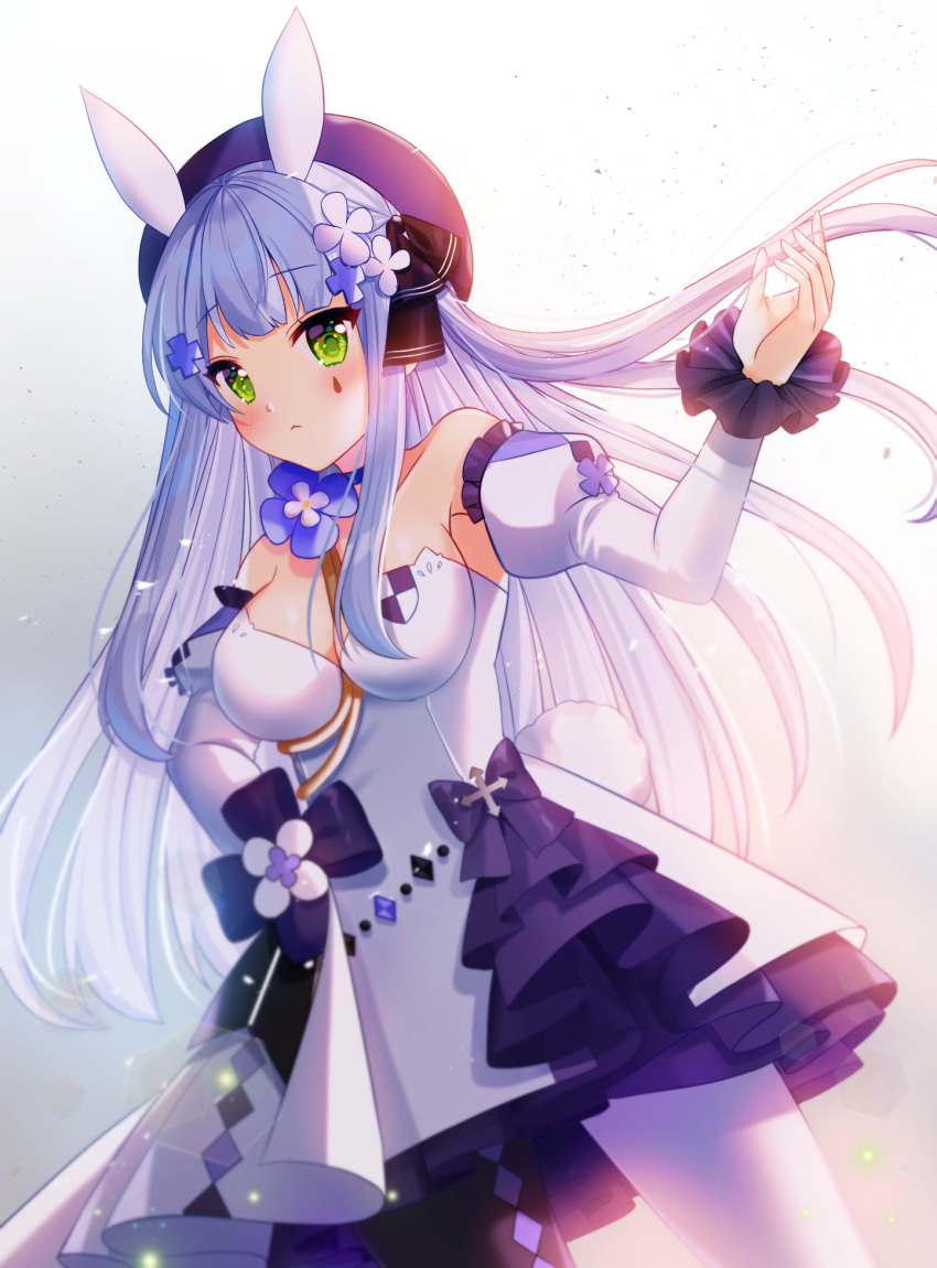 1girl :&lt; bare_shoulders beret black_bow black_legwear blue_flower blue_hair blush bow closed_mouth commentary_request dress dutch_angle facial_mark flower girls_frontline green_eyes grey_background hair_bow hair_flower hair_ornament hand_on_hip hat highres hk416_(girls_frontline) juliet_sleeves long_hair long_sleeves looking_at_viewer mamel_27 mismatched_legwear puffy_sleeves purple_headwear solo strapless strapless_dress very_long_hair white_dress white_flower white_legwear white_sleeves