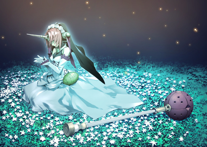 1girl cupping_hands dress elbow_gloves fate/apocrypha fate_(series) field flower flower_field frankenstein's_monster_(fate) gloves hair_over_eyes highres horn kneeling looking_down miwa_shirou pink_hair short_hair solo veil white_dress white_gloves
