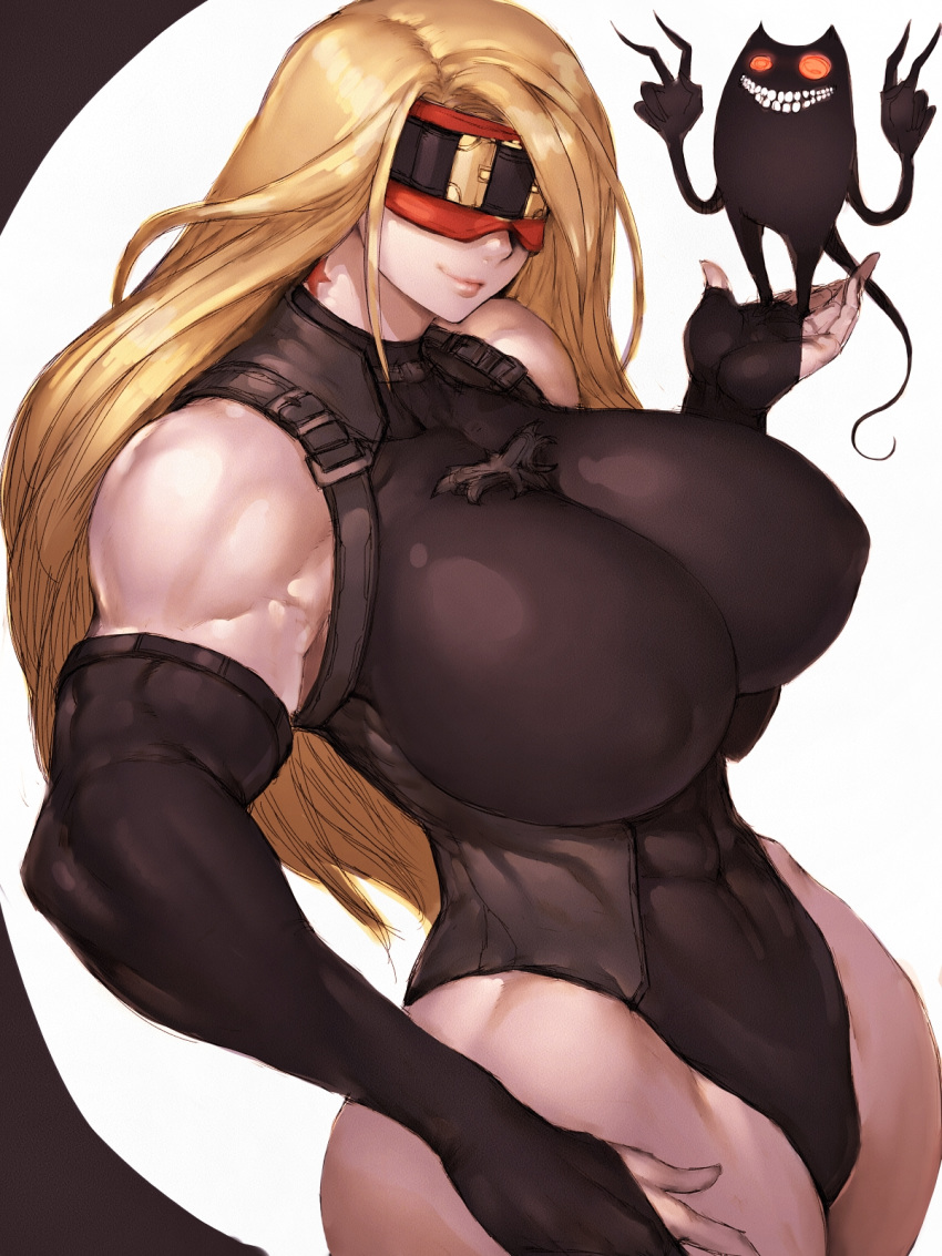 1girl bare_shoulders blindfold breasts covered_nipples eddie_(guilty_gear) fumio_(rsqkr) genderswap genderswap_(mtf) guilty_gear guilty_gear_strive highres huge_breasts long_hair muscle muscular_female simple_background smile solo thick_thighs thighs toned very_long_hair white_background zato-1