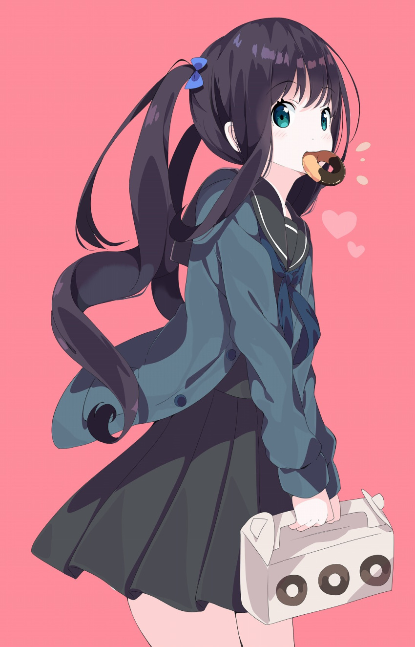 1girl black_hair black_sailor_collar black_serafuku black_shirt black_skirt blue_bow blue_cardigan blush bow cardigan commentary doughnut food food_in_mouth green_eyes hair_bow heart highres holding long_hair long_sleeves looking_at_viewer mouth_hold open_cardigan open_clothes original pastry_box pink_background pleated_skirt ringlets sailor_collar school_uniform serafuku shirt simple_background skirt sleeves_past_wrists solo symbol_commentary tantan_men_(dragon) twintails very_long_hair