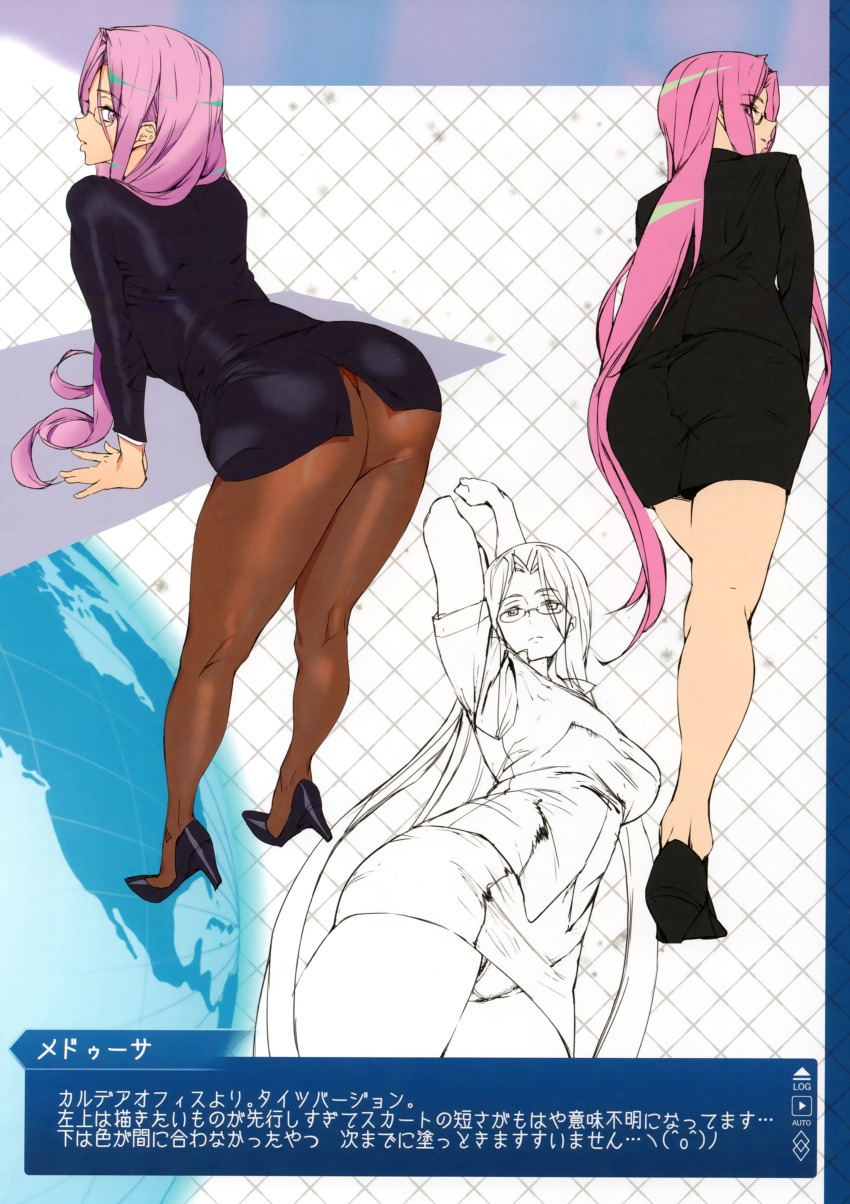 1girl absurdres arms_up ashiomi_masato ass bangs breasts business_suit fate/grand_order fate/stay_night fate_(series) formal from_behind full_body glasses high_heels highres incredibly_absurdres large_breasts lineart long_hair long_legs long_sleeves looking_at_viewer looking_back multiple_views panties panties_under_pantyhose pantyhose parted_bangs pencil_skirt pink_hair rider scan shiny shiny_hair simple_background skirt suit underwear