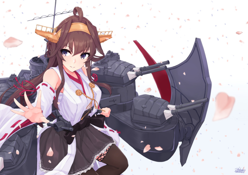1girl ahoge alakoala bare_shoulders black_legwear black_skirt brown_hair cherry_blossoms detached_sleeves double_bun eyebrows_visible_through_hair hair_between_eyes hairband headgear highres japanese_clothes kantai_collection kongou_(kantai_collection) long_hair machinery nontraditional_miko petals pleated_skirt remodel_(kantai_collection) skirt smile solo thigh-highs turret violet_eyes wide_sleeves