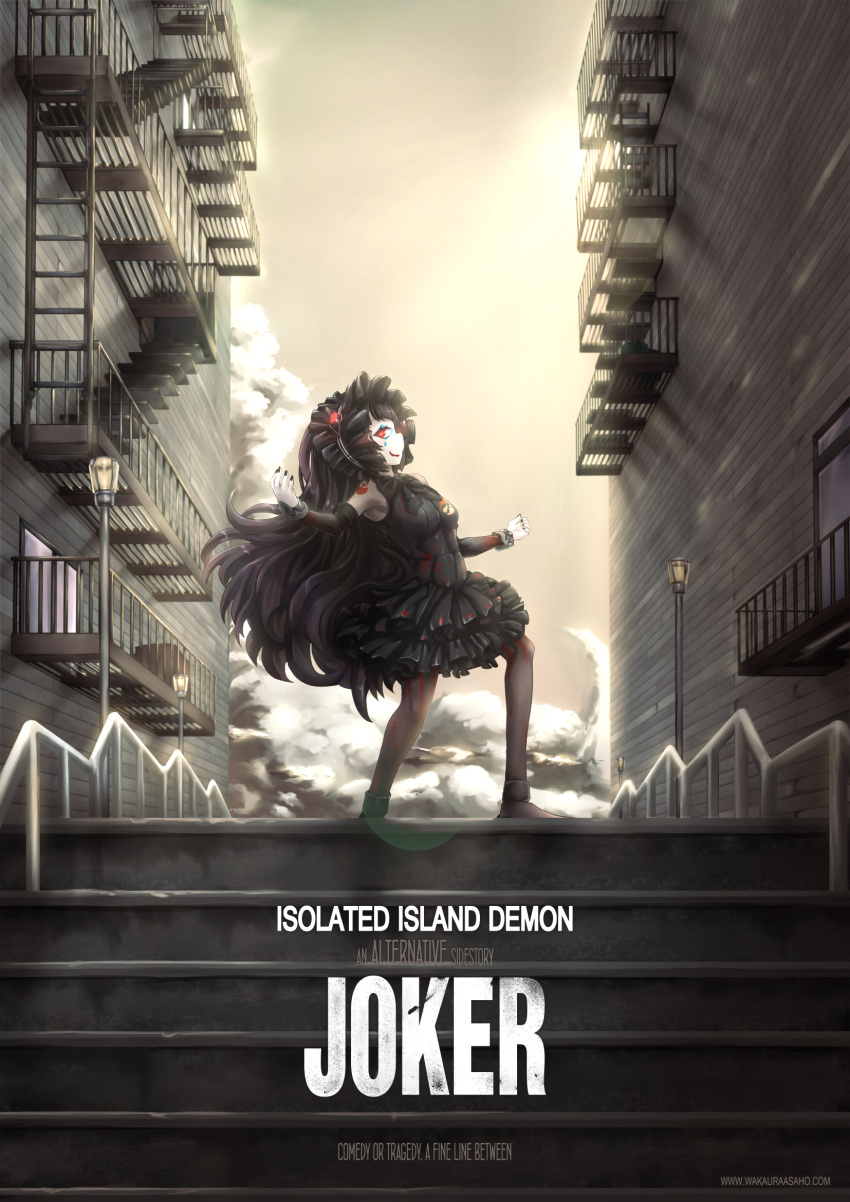 1girl black_hair bodystocking bonnet building dress fire_escape gothic_lolita highres isolated_island_oni joker_(2019) kantai_collection lolita_fashion long_hair outdoors parody red_eyes shinkaisei-kan skirt smile solo stairs very_long_hair wakaura_asaho window