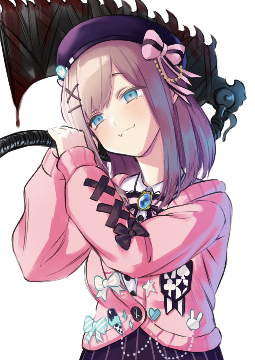 :3 blood bloodborne bloody_weapon blue_eyes bow bowtie breasts brown_hair cross-laced_clothes empty_eyes gem hair_ornament hairclip hat hat_bow highres holding holding_weapon long_sleeves looking_to_the_side medium_hair nijisanji pacific2_3_1 pink_bow pink_cardigan pleated_skirt purple_skirt simple_background skirt striped striped_bow suzuhara_lulu virtual_youtuber weapon white_background x_hair_ornament