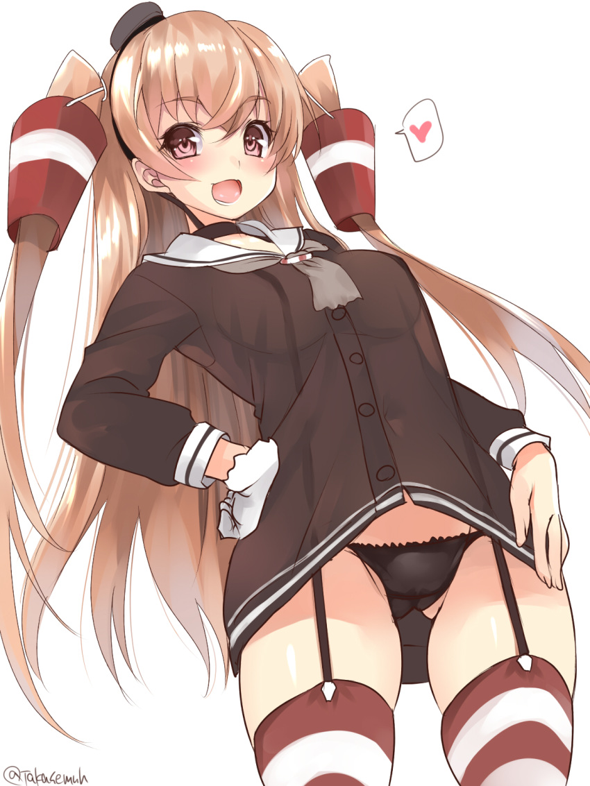 1girl amatsukaze_(kantai_collection) amatsukaze_(kantai_collection)_(cosplay) ass_visible_through_thighs black_panties blush breasts brown_dress brown_eyes commentary_request cosplay cowboy_shot dress garter_straps hair_tubes hat heart highres johnston_(kantai_collection) kantai_collection light_brown_hair long_hair look-alike looking_at_viewer medium_breasts mini_hat open_mouth panties pantyshot pantyshot_(standing) red_legwear sailor_dress short_dress simple_background smile solo spoken_heart standing takase_muu thigh-highs thighs twitter_username two_side_up underwear white_background windsock