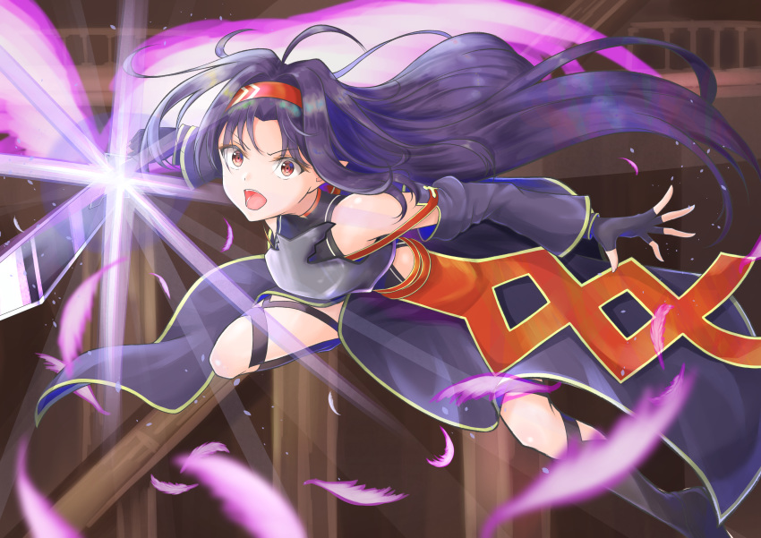1girl absurdres ahoge bangs black_gloves breastplate commentary_request detached_sleeves eyebrows_visible_through_hair fingerless_gloves gloves hairband highres holding long_hair looking_at_viewer open_mouth pointy_ears purple_hair red_eyes rgrey00 smile solo sword sword_art_online very_long_hair weapon yuuki_(sao)
