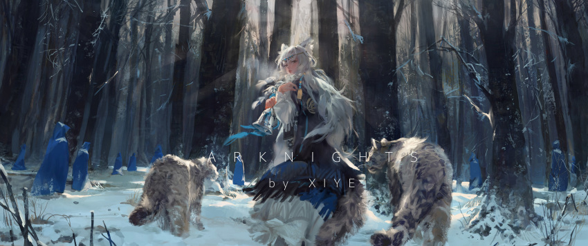 1girl 6+others animal animal_ears arknights bell braid cape circlet cloak forest highres hood hooded_cloak long_hair looking_at_viewer multiple_others nature parted_lips pramanix_(arknights) snow solo_focus white_hair xiye