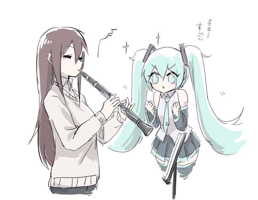 2girls :&lt; aqua_eyes aqua_hair aqua_neckwear bare_shoulders black_skirt black_sleeves brown_hair clarinet clenched_hands closed_eyes detached_sleeves eighth_note grey_shirt hair_ornament hands_up hatsune_miku holding holding_instrument impressed instrument long_hair master_(vocaloid) multiple_girls music music_stand musical_note necktie nejikyuu parted_lips playing_instrument shirt shoulder_tattoo skirt sleeveless sleeveless_shirt sparkle sweater tattoo translated triangle_mouth twintails v-shaped_eyebrows very_long_hair vocaloid