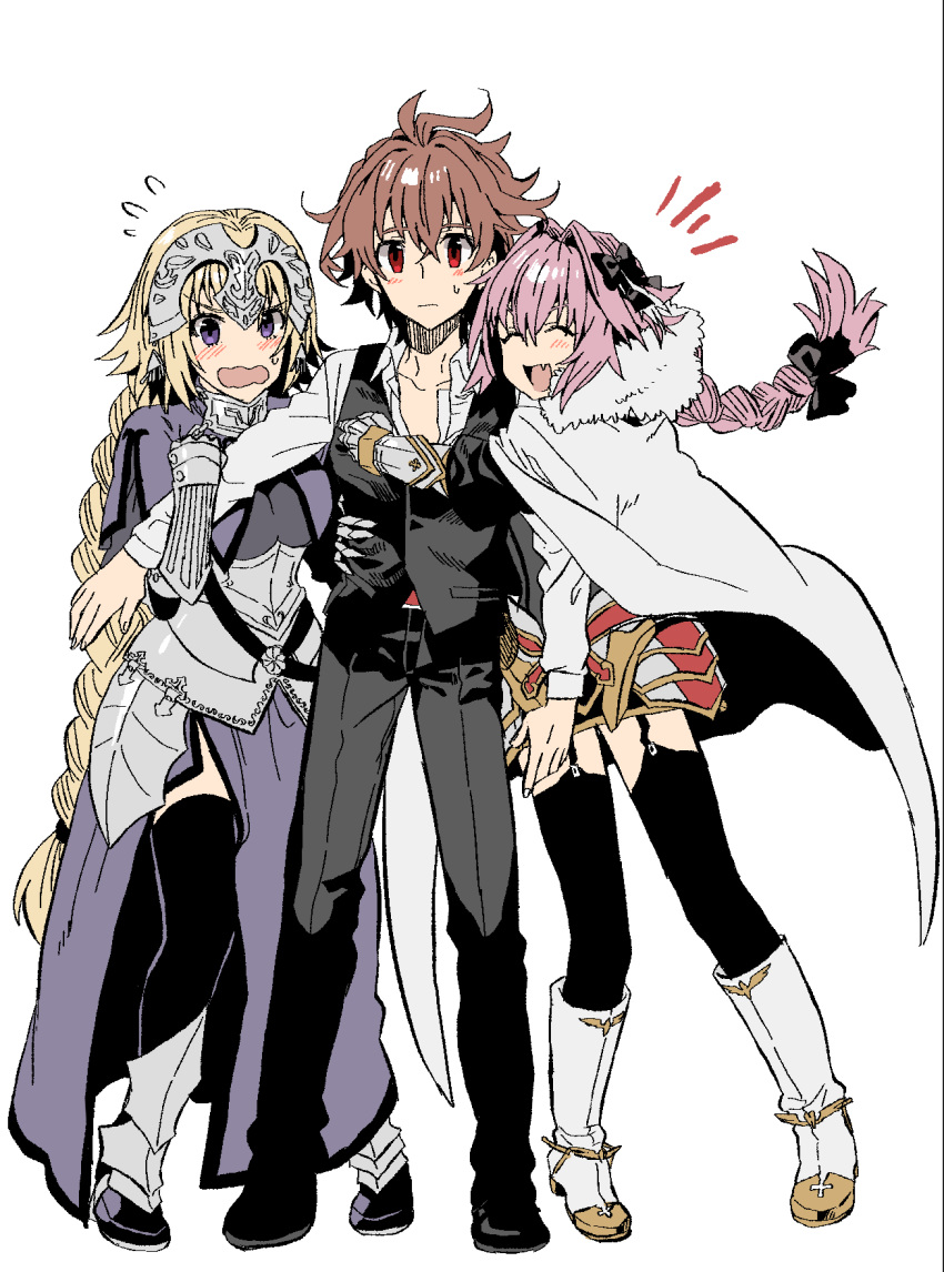 1girl 2boys ^_^ arm_hug astolfo_(fate) blonde_hair blush braid braided_ponytail brown_hair closed_eyes fang fate/apocrypha fate_(series) hair_ornament hair_ribbon highres hug jeanne_d'arc_(fate)_(all) kmk long_hair multiple_boys otoko_no_ko pink_hair red_eyes ribbon sieg_(fate/apocrypha) sweatdrop thigh-highs violet_eyes waist_hug