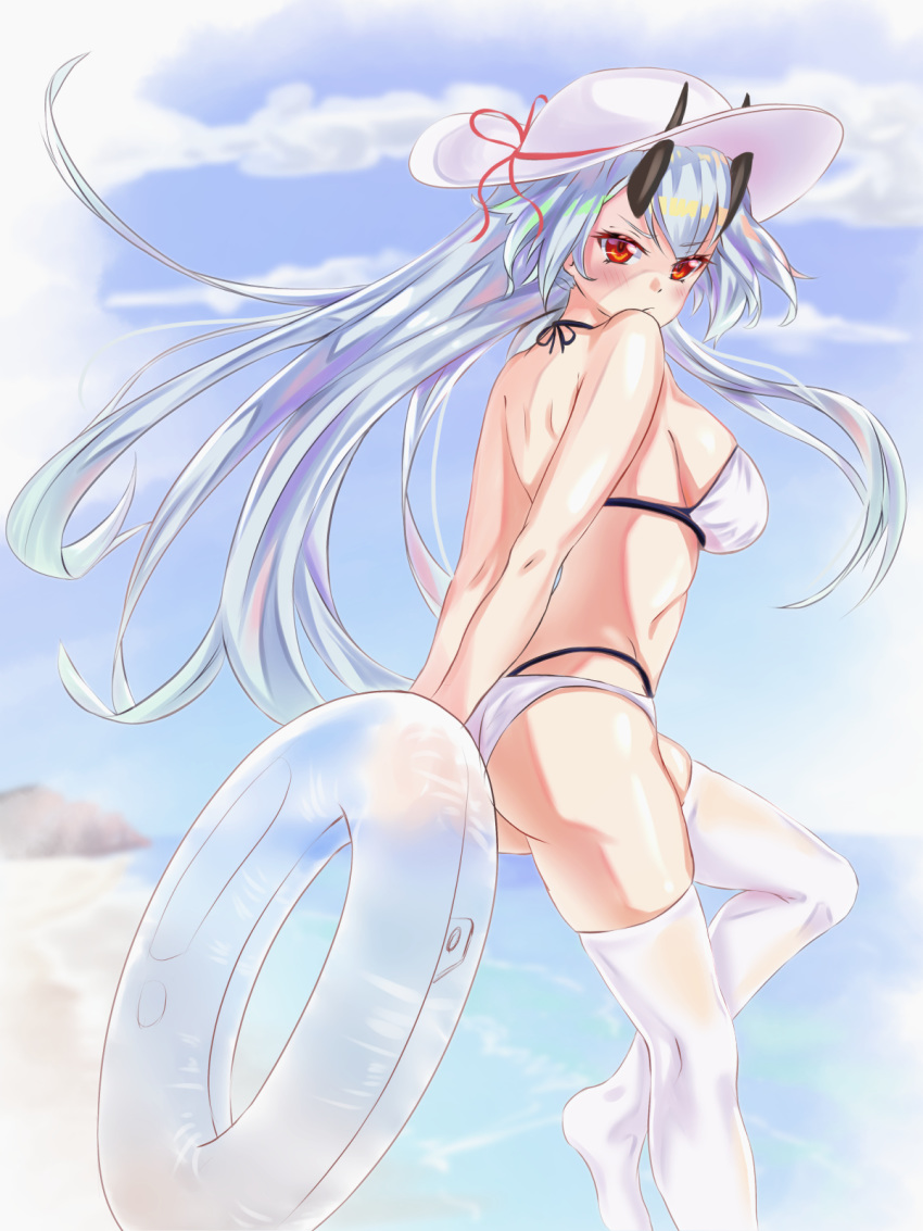 1girl bare_shoulders beach bikini black_horns blue_sky blush clouds day eyebrows_visible_through_hair fate/grand_order fate_(series) frown halterneck hat hat_ribbon highres holding holding_innertube horns_through_headwear innertube long_hair looking_at_viewer looking_back ocean oni_horns red_eyes red_ribbon ribbon silver_hair sky solo sun_hat swimsuit thigh-highs tomoe_gozen_(fate/grand_order) very_long_hair white_bikini white_headwear white_legwear yahan_(mctr5253)