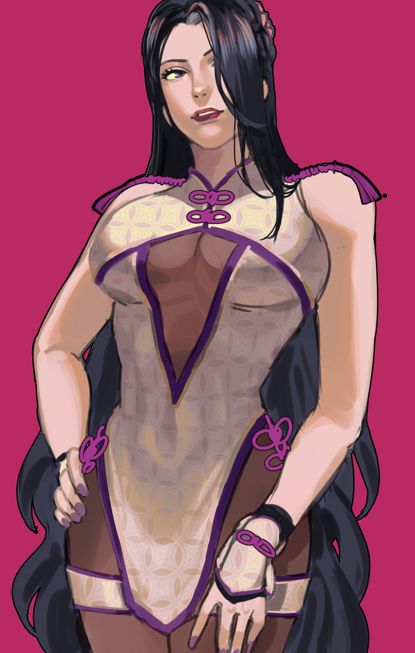 1girl absurdres black_hair bodystocking breasts china_dress chinese_clothes dress hair_over_one_eye hanny_(uirusu_chan) highres large_breasts lips long_hair luong no_bra nose parted_lips pink_background purple_lips see-through solo standing the_king_of_fighters the_king_of_fighters_xv very_long_hair violet_eyes