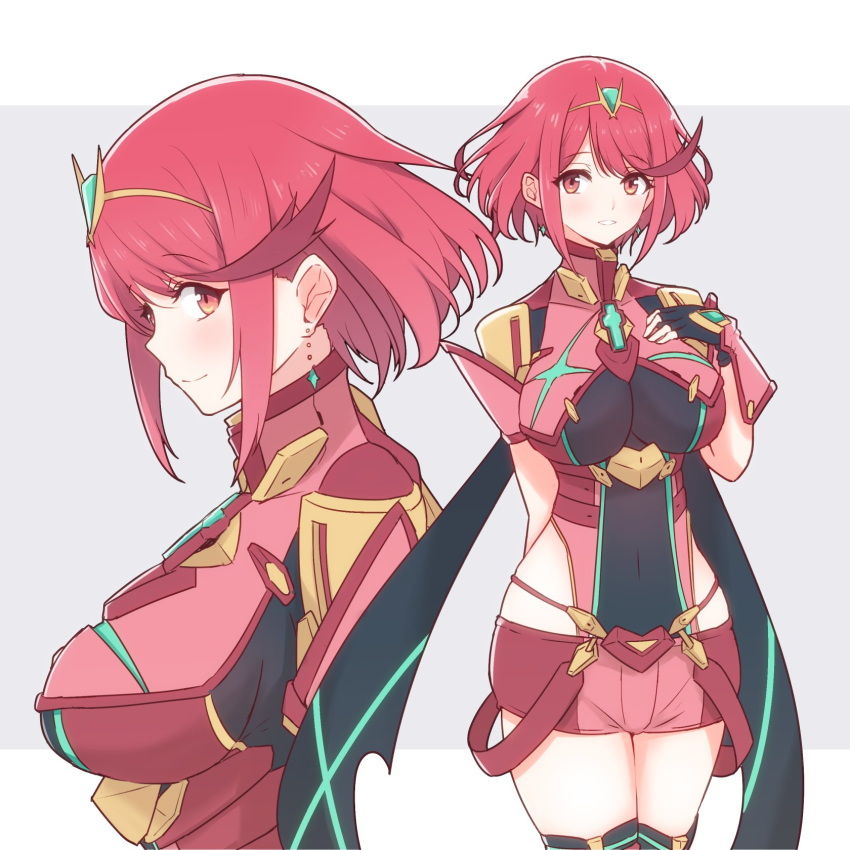 1girl bangs breasts cowboy_shot earrings eyebrows_visible_through_hair fingerless_gloves gem gloves headpiece highres pyra_(xenoblade) jewelry large_breasts looking_at_viewer mochimochi_(xseynao) multiple_views red_eyes redhead short_hair short_shorts shorts smile swept_bangs tiara xenoblade_(series) xenoblade_2