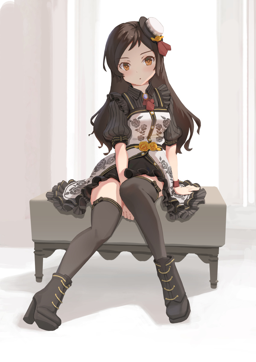 1girl :o absurdres arm_support between_legs black_dress black_footwear black_legwear boots brown_eyes brown_hair collared_dress dress flower frilled_dress frills full_body gem hand_between_legs hat high_heel_boots high_heels highres idolmaster idolmaster_million_live! idolmaster_million_live!_theater_days juu_p kitazawa_shiho lolita_fashion long_hair looking_at_viewer mini_hat ottoman puffy_short_sleeves puffy_sleeves ribbed_sleeves rose short_sleeves sitting solo thigh-highs tilted_headwear white_dress white_headwear yellow_flower yellow_rose