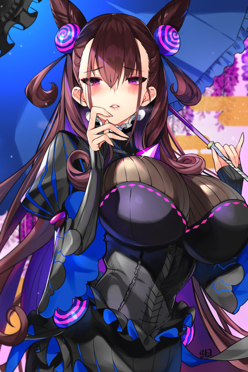 1girl alraco amethyst_(gemstone) bangs black_dress blue_umbrella blush breasts brown_hair double_bun dress fate/grand_order fate_(series) flower frilled_umbrella gem highres holding holding_umbrella juliet_sleeves large_breasts long_hair long_sleeves looking_at_viewer murasaki_shikibu_(fate) puff_and_slash_sleeves puffy_sleeves sleeves_past_wrists solo two_side_up umbrella very_long_hair violet_eyes wisteria