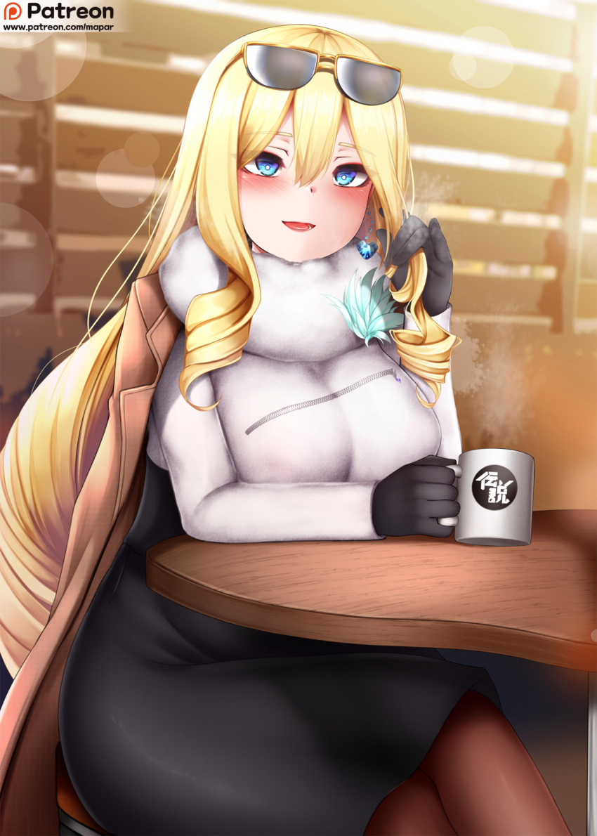 1girl black_gloves black_skirt blonde_hair blue_eyes blush breasts brown_jacket brown_legwear chair charlotte_(last_origin) crossed_legs cup drill_hair earrings eyewear_on_head flower fur_collar gloves hair_between_eyes hair_twirling high-waist_skirt highres indoors jacket jacket_on_shoulders jewelry large_breasts last_origin long_hair long_sleeves looking_at_viewer mapar mug open_mouth pantyhose patreon_logo patreon_username side_drill sitting skirt smile solo steam sunglasses sweater table very_long_hair white_sweater zipper zipper_pull_tab