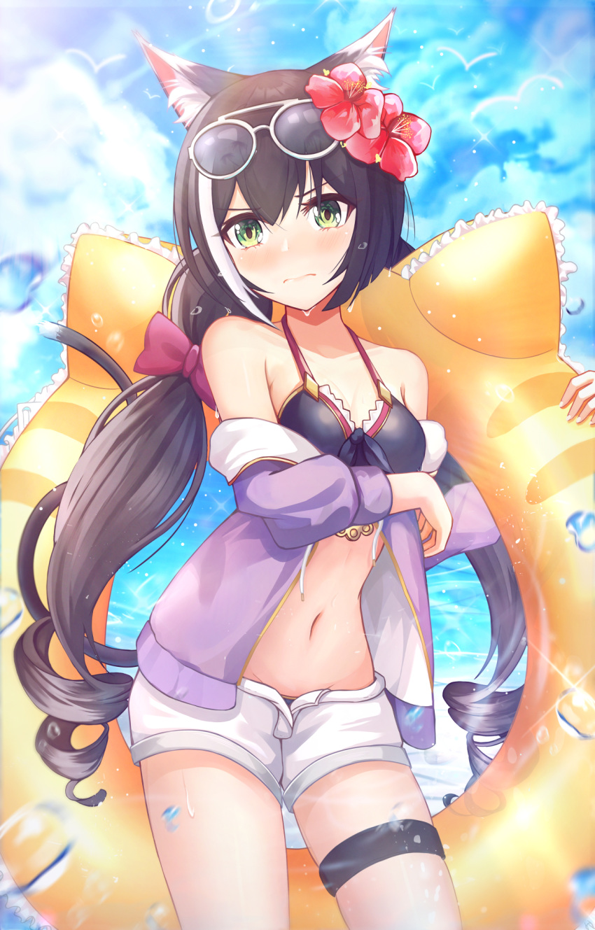 1girl 3: animal_ears bare_shoulders bikini black_bikini black_hair blush breasts cat_ears clouds cowboy_shot eyewear_on_head flower front-tie_bikini front-tie_top frown green_eyes hair_flower hair_ornament halter_top halterneck hibiscus highres innertube jacket kyaru_(princess_connect) long_hair looking_at_viewer low_twintails medium_breasts multicolored_hair navel necoring862 nose_blush off_shoulder open_clothes open_fly open_jacket princess_connect! princess_connect!_re:dive purple_jacket short_shorts shorts sky solo stomach streaked_hair sunglasses sunlight swimsuit thigh_strap twintails very_long_hair white_shorts
