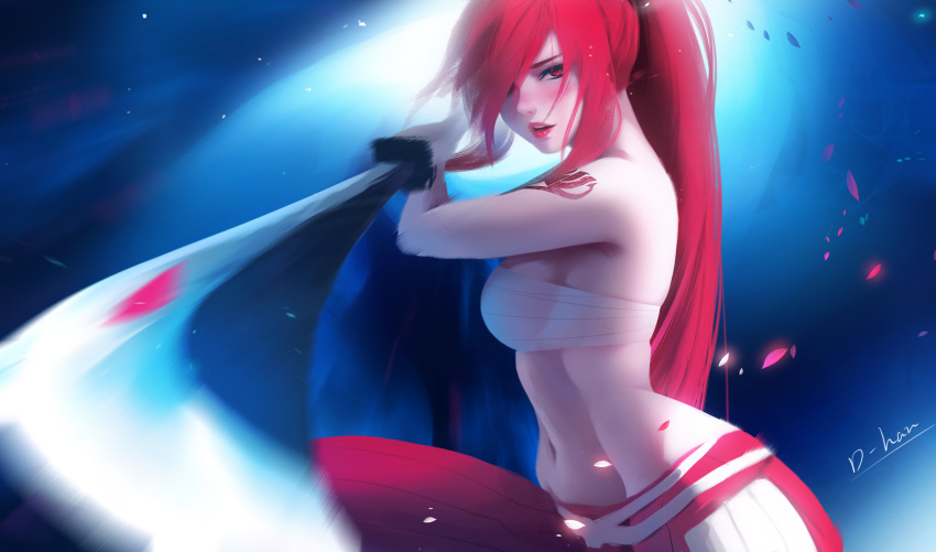1girl artist_name blush breasts d-han erza_scarlet fairy_tail foreshortening hair_over_one_eye highres long_hair looking_at_viewer medium_breasts midriff motion_blur navel parted_lips petals ponytail red_eyes red_lips redhead revision sarashi signature solo sword tattoo weapon