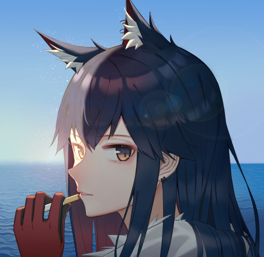 1girl absurdres animal_ear_fluff animal_ears arknights bangs black_hair blue_sky brown_eyes chinese_commentary cigarette commentary_request day earrings extra_ears from_side gloves gradient_hair highres holding holding_cigarette horizon jewelry long_hair looking_at_viewer looking_to_the_side multicolored_hair ocean outdoors parted_lips portrait red_gloves redhead sky smile solo syouko_jiaozijun texas_(arknights) water