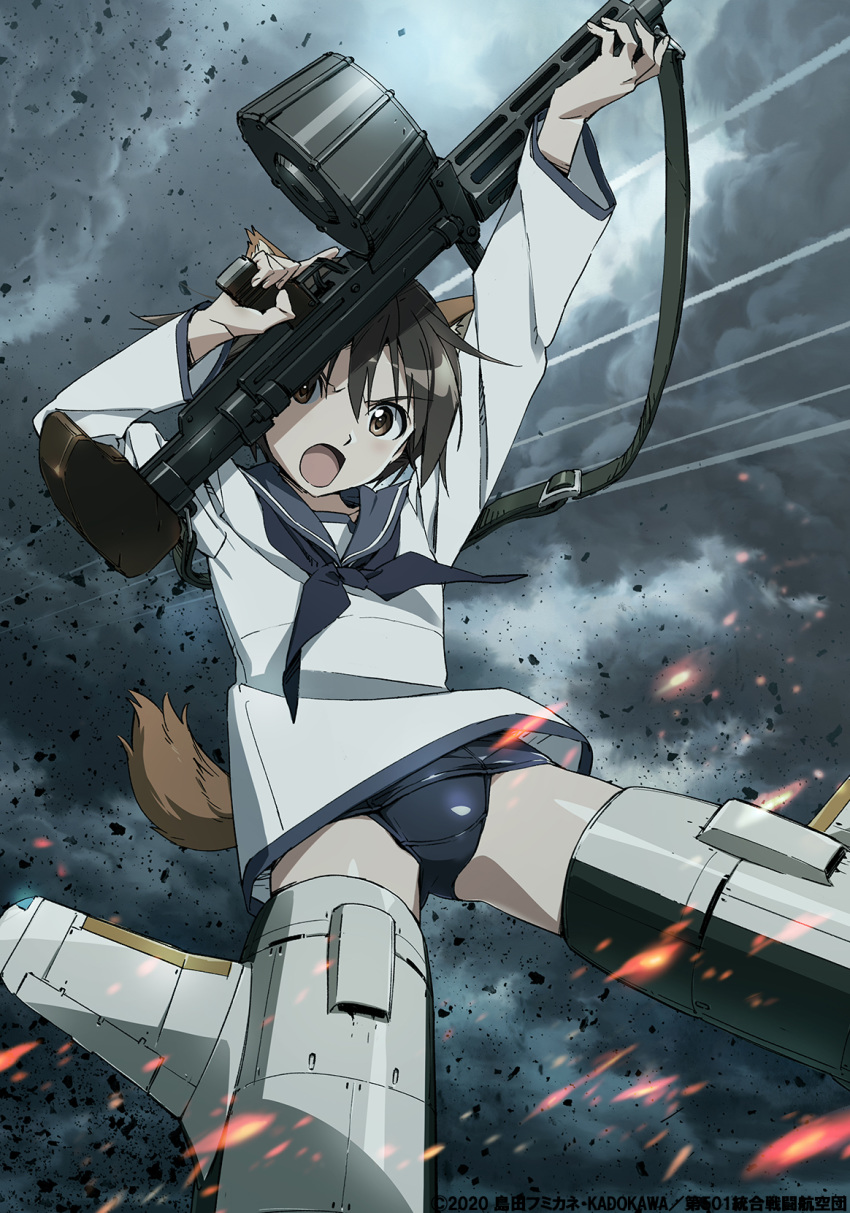 &gt;:o 1girl animal_ears arms_up black_neckwear black_school_swimsuit black_swimsuit brown_hair clouds cloudy_sky commentary_request dark_clouds dog_ears dog_tail dress drum_magazine dust_particles embers flying grey_sailor_collar grey_sky gun highres holding holding_gun holding_weapon key_visual long_sleeves machine_gun miyafuji_yoshika neckerchief official_art open_mouth sailor_collar sailor_dress school_swimsuit school_uniform short_hair sky solo strap strike_witches striker_unit swimsuit swimsuit_under_clothes tail trigger_discipline weapon white_serafuku wind world_witches_series