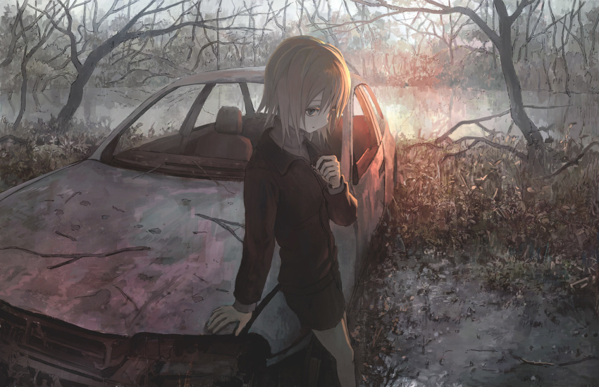 1girl arm_support bare_tree blonde_hair blue_eyes car commentary dark forest ground_vehicle hand_up highres jacket looking_to_the_side motor_vehicle muted_color nature original pond scenery short_hair shorts solo sunlight tokunaga_akimasa tree turtleneck twig water zipper