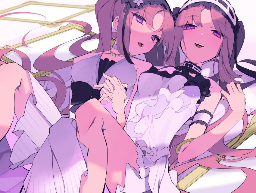 2girls :d absurdres bangs bare_shoulders breasts choker dress euryale eyebrows_visible_through_hair fate/hollow_ataraxia fate_(series) frills hairband highres holding_hands jewelry kania lolita_hairband long_hair looking_at_viewer lying mirror multiple_girls necklace on_back open_mouth purple_hair siblings sisters smile stheno teeth twintails very_long_hair violet_eyes