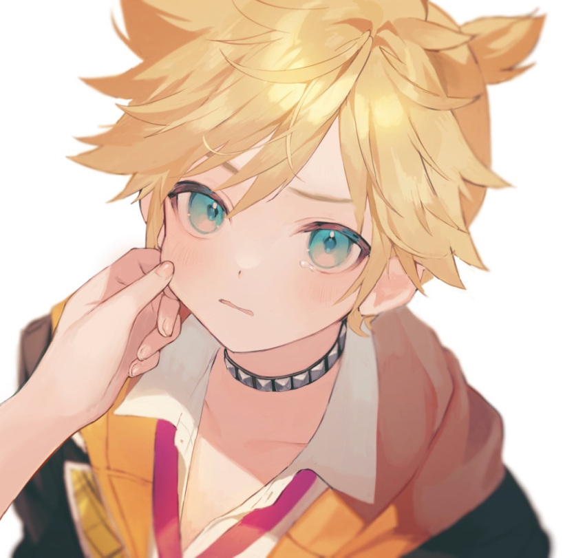 1boy aqua_eyes bangs blonde_hair blue_eyes blush cheek_pinching collarbone collared_shirt fingernails hand_on_another's_cheek hand_on_another's_face hood hood_down hoodie jacket jewelry kagamine_len looking_at_viewer neck_ribbon necklace out_of_frame parted_lips pinching portrait pov pov_hands project_sekai ribbon shade shinotarou_(nagunaguex) shirt simple_background solo_focus tearing_up tears vocaloid wavy_mouth white_background white_shirt