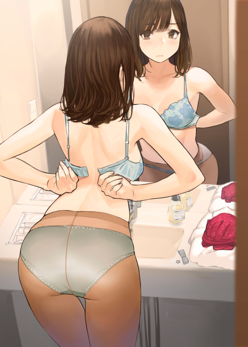 1girl absurdres ass blush bra brown_eyes brown_hair brown_legwear closed_mouth commentary_request eyebrows_visible_through_hair facing_away highres looking_away medium_hair mirror office_lady_(yomu_(sgt_epper)) original panties panties_under_pantyhose pantyhose reflection removing_bra solo underwear yomu_(sgt_epper)