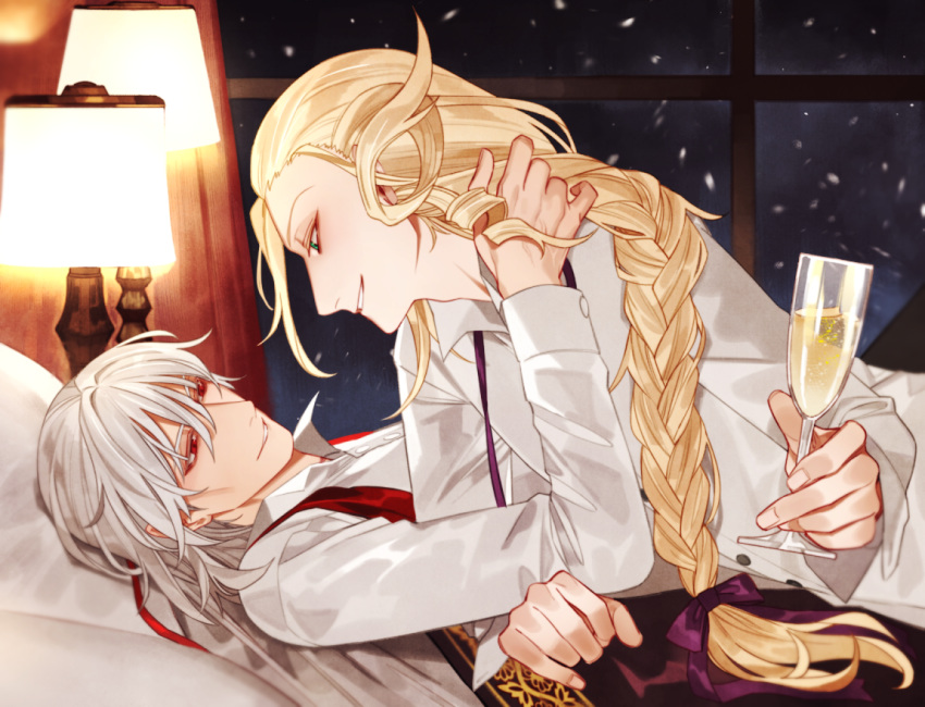 2boys antonio_salieri_(fate/grand_order) blonde_hair bow braid champagne_flute cup drinking_glass fate/grand_order fate_(series) green_eyes grey_hair hair_bow long_hair male_focus multiple_boys on_bed red_eyes sindri snowing window wolfgang_amadeus_mozart_(fate/grand_order) yaoi