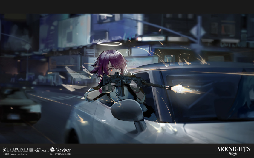 2girls animal_ears arknights assault_rifle bangs battle_rifle black_gloves black_hair car exusiai_(arknights) fingerless_gloves firing gloves ground_vehicle gun h&amp;k_hk416 hair_over_one_eye halo highres holding huanxiang_heitu jacket long_hair motor_vehicle multiple_girls official_art redhead riding rifle road short_hair texas_(arknights) wallpaper weapon white_jacket wings