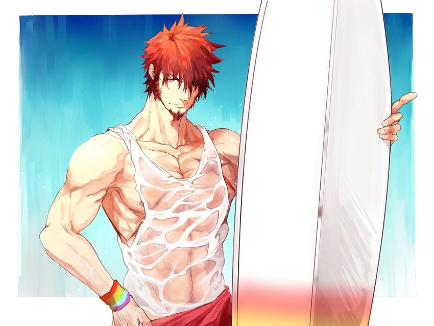 1boy abs alternate_costume alternate_hairstyle beard blue_eyes bracelet brown_hair chest day facial_hair fate/grand_order fate_(series) holding_surfboard jewelry looking_at_viewer male_focus muscle napoleon_bonaparte_(fate/grand_order) navel outdoors pectorals q307011598 rainbow_gradient scar simple_background solo surfboard swimsuit tank_top wet wet_clothes wet_hair