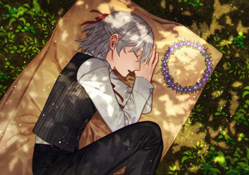 1boy antonio_salieri_(fate/grand_order) fate/grand_order fate_(series) grey_hair half_updo head_wreath headwear_removed male_focus outdoors pinstripe_shirt sindri sleeping solo waistcoat