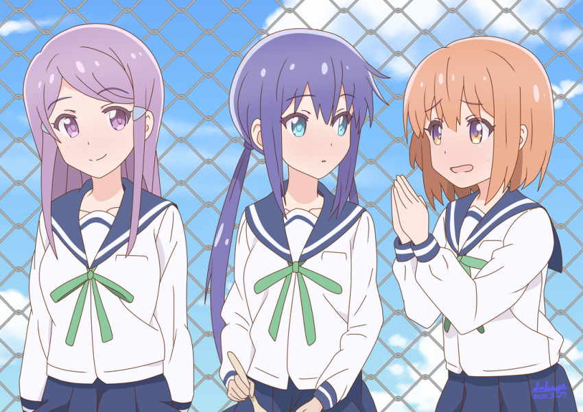 3girls bangs blue_eyes blue_hair blue_sailor_collar blue_skirt blue_sky bow brown_eyes brown_hair chain-link_fence closed_mouth clouds collarbone commentary_request dated day eyebrows_visible_through_hair fence green_bow hair_between_eyes hair_ornament hairclip holding holding_spoon koisuru_asteroid konohata_mira long_hair long_sleeves low_twintails manaka_ao multiple_girls open_mouth outdoors parted_lips pleated_skirt purple_hair sailor_collar sakayaya school_uniform serafuku shirt signature skirt sky smile spoon suzuya_moe swept_bangs twintails very_long_hair violet_eyes white_shirt