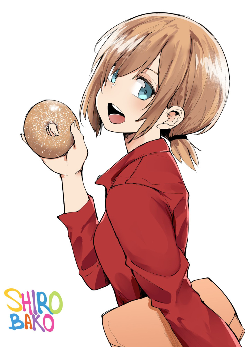 1girl blue_eyes brown_hair copyright_name doughnut food from_side green_eyes highres holding holding_envelope holding_food jacket low_ponytail miyamori_aoi norman_maggot open_mouth ponytail red_jacket shirobako short_hair solo upper_body white_background