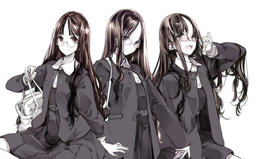 bag black_hair blush brown_eyes brown_hair cowboy_shot endou_okito eyebrows_visible_through_hair forehead glasses hand_on_hip highres long_hair mary_janes monochrome multiple_views original school_bag school_uniform shadow shoes sitting smile socks straddling surprised sweat tongue white_background