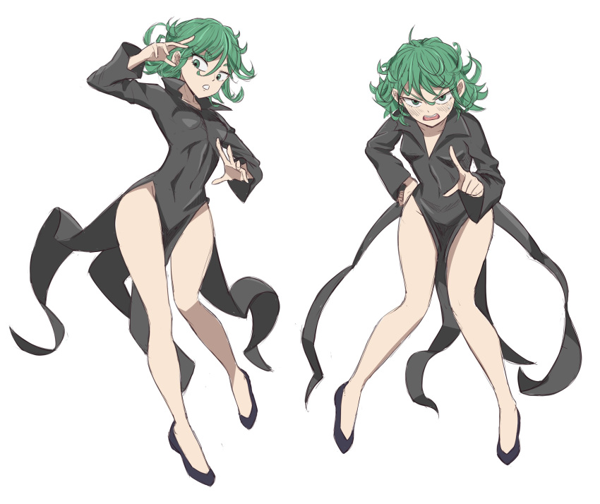 1girl bare_legs black_dress black_footwear blush breasts covered_navel dress eyebrows_visible_through_hair full_body green_eyes green_hair hand_on_hip highres long_sleeves looking_at_viewer multiple_views one-punch_man open_mouth pelvic_curtain pointing pointing_at_viewer runningpigeon73 shoes short_hair side_slit simple_background small_breasts sweatdrop tatsumaki taut_clothes thighs white_background wing_collar