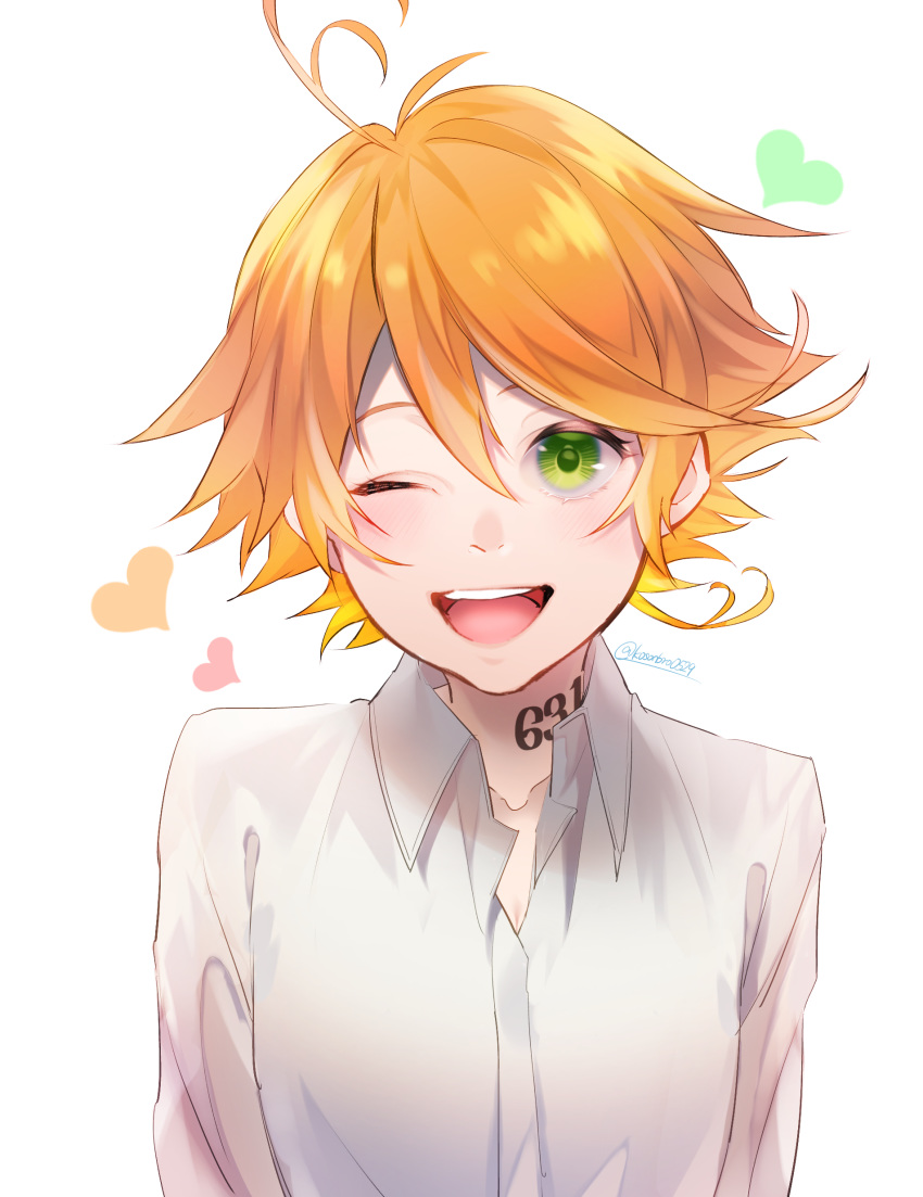 1girl absurdres blush emma_(yakusoku_no_neverland) heart highres kosodoro looking_at_viewer neck_tattoo number_tattoo one_eye_closed open_mouth orange_hair shirt short_hair simple_background smile solo tattoo white_shirt yakusoku_no_neverland