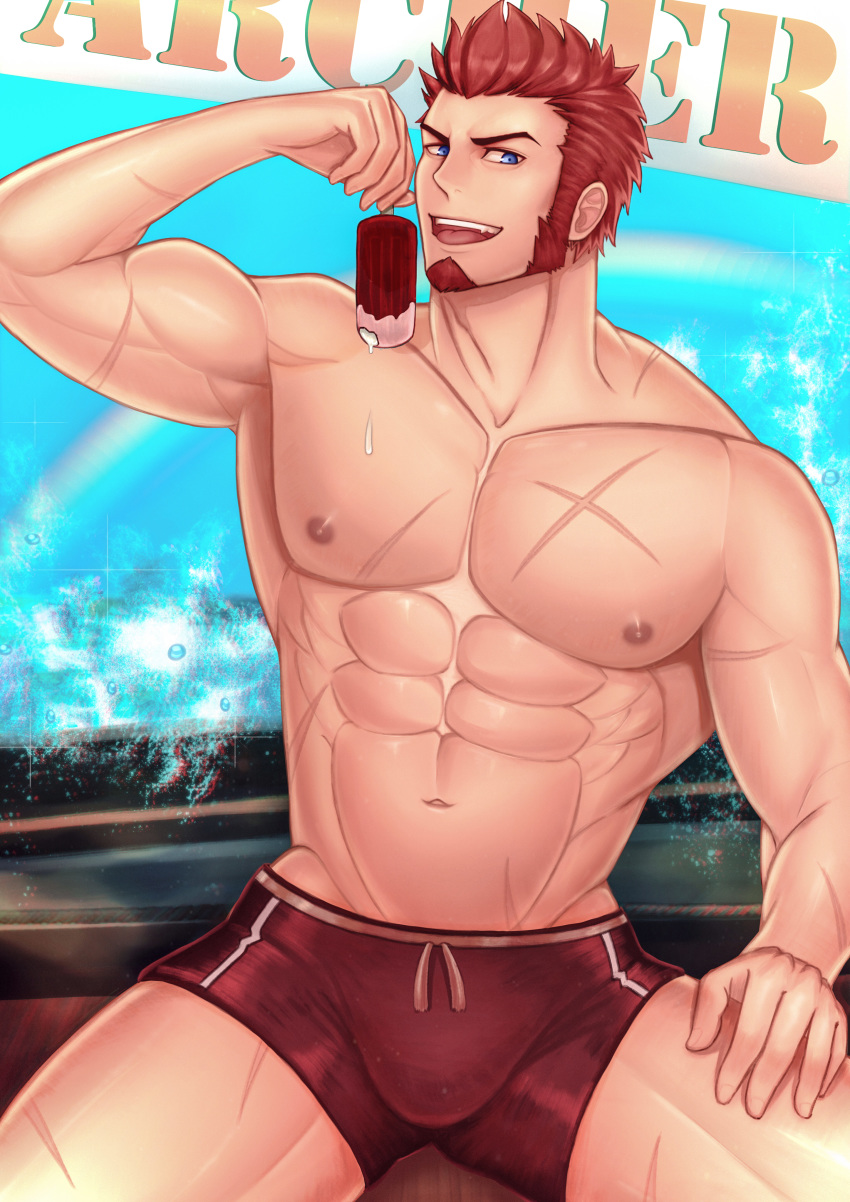 1boy abs absurdres bara beard blue_eyes brown_hair chest english_text facial_hair fate/grand_order fate_(series) food hand_on_own_thigh highres ice_cream looking_at_viewer male_focus miqi_(nnaf3344) muscle napoleon_bonaparte_(fate/grand_order) navel nipples open_mouth outdoors pectorals scar simple_background sitting smile solo summer swimsuit upper_body