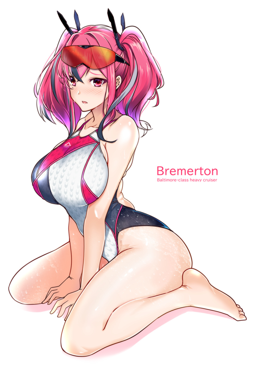 1girl aiuchi azur_lane barefoot breasts bremerton_(azur_lane) character_name collarbone competition_swimsuit eyewear_on_head hair_between_eyes highres huge_breasts large_breasts long_hair looking_at_viewer multicolored_hair one-piece_swimsuit pink_eyes pink_hair red_eyes simple_background sitting solo streaked_hair swimsuit twintails wariza white_background