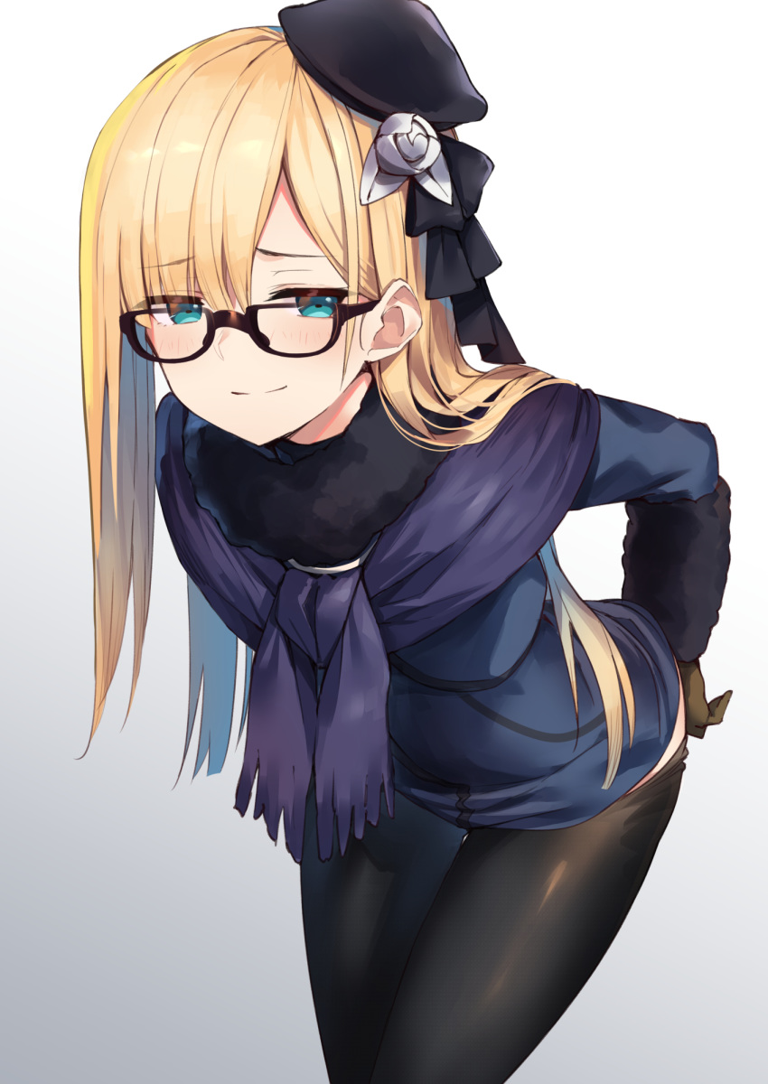1girl bent_over bespectacled black-framed_eyewear black_headwear black_legwear black_ribbon blonde_hair blue_eyes blue_hair blue_jacket blush brown_gloves closed_mouth eyebrows_visible_through_hair fate_(series) flower fur-trimmed_sleeves fur_collar fur_trim glasses gloves gradient gradient_background gradient_hair grey_background hair_flower hair_ornament hair_ribbon highres jacket long_sleeves lord_el-melloi_ii_case_files multicolored_hair pantyhose pantyhose_pull pulled_by_self purple_capelet reines_el-melloi_archisorte ribbon rose smile smug solo tilted_headwear white_flower white_rose yuuuuu