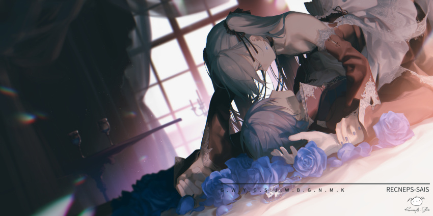 1boy 1girl bangs bare_shoulders bed_sheet black_coat black_dress black_ribbon blue_eyes blue_flower blue_hair blue_nails blue_rose blurry cantarella_(vocaloid) coat cup curtains depth_of_field detached_sleeves dress drinking_glass dutch_angle earrings eye_contact flat_chest flower gem gloves green_hair hair_flowing_over hair_ornament hair_ribbon hatsune_miku hetero highres indoors jewelry kaito kneeling lace long_hair looking_at_another lying nail_polish necklace on_back on_bed on_person popped_collar profile restrained ribbon rose see-through spencer_sais strapless strapless_dress table twintails upper_body vocaloid white_gloves window wine_glass wrist_grab