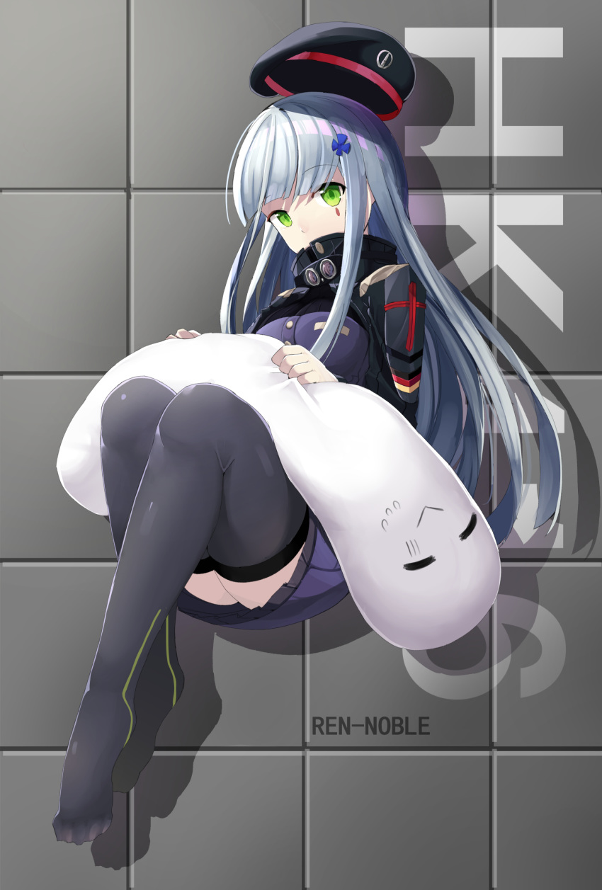 1girl bangs beret black_legwear blue_hair crossed_ankles girls_frontline green_eyes hat highres hk416_(girls_frontline) long_hair looking_at_viewer military military_uniform no_shoes rennoble simple_background sitting solo speech_bubble thigh-highs uniform very_long_hair