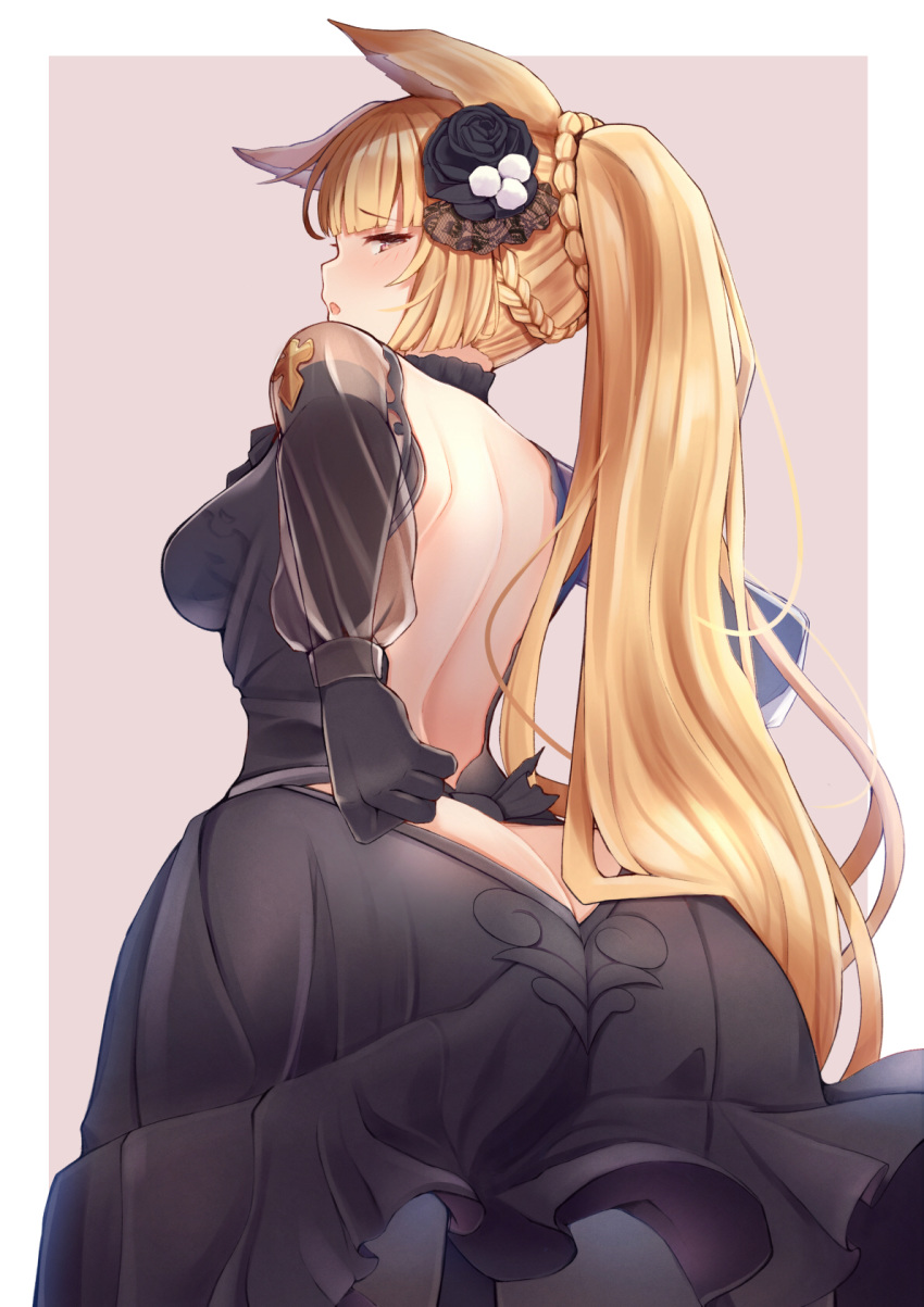 1girl ass back black_gloves blonde_hair blue_eyes blush braid breasts erune french_braid gloves granblue_fantasy highres keima_ron long_hair looking_at_viewer short_hair simple_background solo very_long_hair yuisis_(granblue_fantasy)