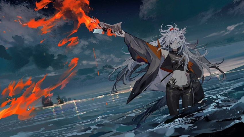 1girl animal_ears arknights arm_up bare_shoulders black_jacket black_pants black_shirt burning clouds cowboy_shot crop_top crop_top_overhang dark_sky dutch_angle fire grey_eyes hair_ornament hairclip holding holding_paper horizon jacket lappland_(arknights) leggings long_hair messy_hair midriff navel night night_sky open_clothes open_jacket outdoors pants paper scar scar_across_eye shirt silver_hair sky sleeveless sleeveless_shirt solo standing stomach wading water waves wind wolf_ears yamakawa_(huangquanmonu)