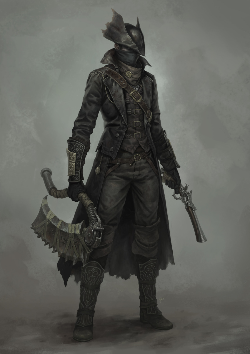 1boy absurdres adrian4rt armor belt belt_buckle black_coat black_eyes black_gloves black_headwear bloodborne buckle chain coat covered_mouth dual_wielding gloves gun hat_over_one_eye highres holding holding_gun holding_weapon hunter_(bloodborne) male_focus pocket_watch shaded_face solo standing torn_clothes torn_coat vambraces watch weapon