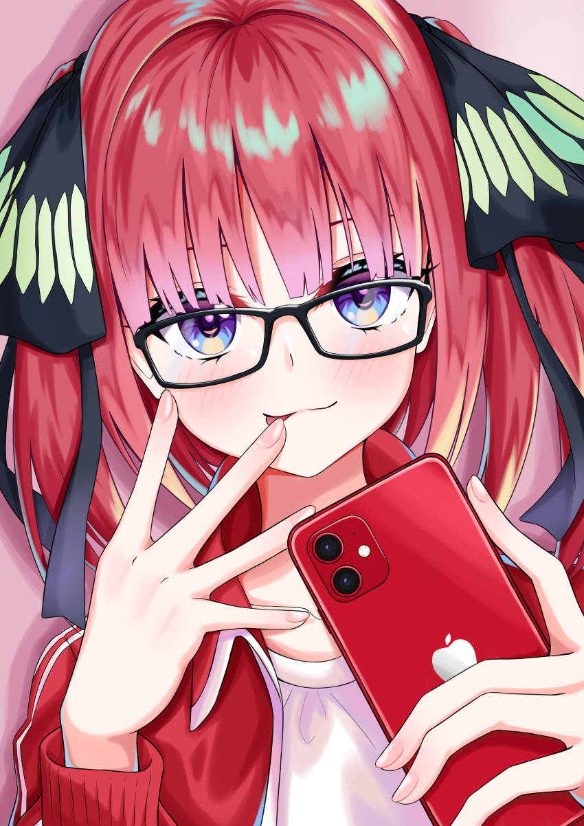 1girl absurdres alternate_costume apple_inc. apple_print bangs blue_eyes blunt_bangs blush breasts cellphone collarbone commentary_request eyebrows_visible_through_hair glasses go-toubun_no_hanayome hair_ornament hair_ribbon highres himecoe jacket long_hair looking_at_viewer nakano_nino phone pink_hair red_jacket redhead ribbon shirt smartphone solo tongue tongue_out twintails white_shirt