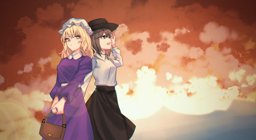 2girls arm_up back-to-back bag black_headwear black_skirt blonde_hair brown_eyes brown_hair commentary cowboy_shot dress expressionless gradient_sky hand_in_hair handbag hat highres holding holding_bag juliet_sleeves lens_flare long_sleeves looking_at_viewer looking_to_the_side looking_up maribel_hearn medium_hair mob_cap multiple_girls parted_lips puffy_sleeves purple_dress red_clouds shirt short_hair shuiwuyue_lian skirt sky standing sunset touhou twilight usami_renko v_arms white_headwear white_shirt yellow_eyes