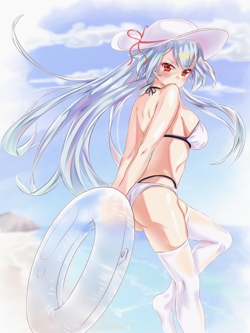 1girl bare_shoulders beach bikini blue_sky blush clouds day eyebrows_visible_through_hair fate/grand_order fate_(series) frown halterneck hat hat_ribbon highres holding holding_innertube innertube long_hair looking_at_viewer looking_back ocean red_eyes red_ribbon ribbon silver_hair sky solo sun_hat swimsuit thigh-highs tomoe_gozen_(fate/grand_order) very_long_hair white_bikini white_headwear white_legwear yahan_(mctr5253)